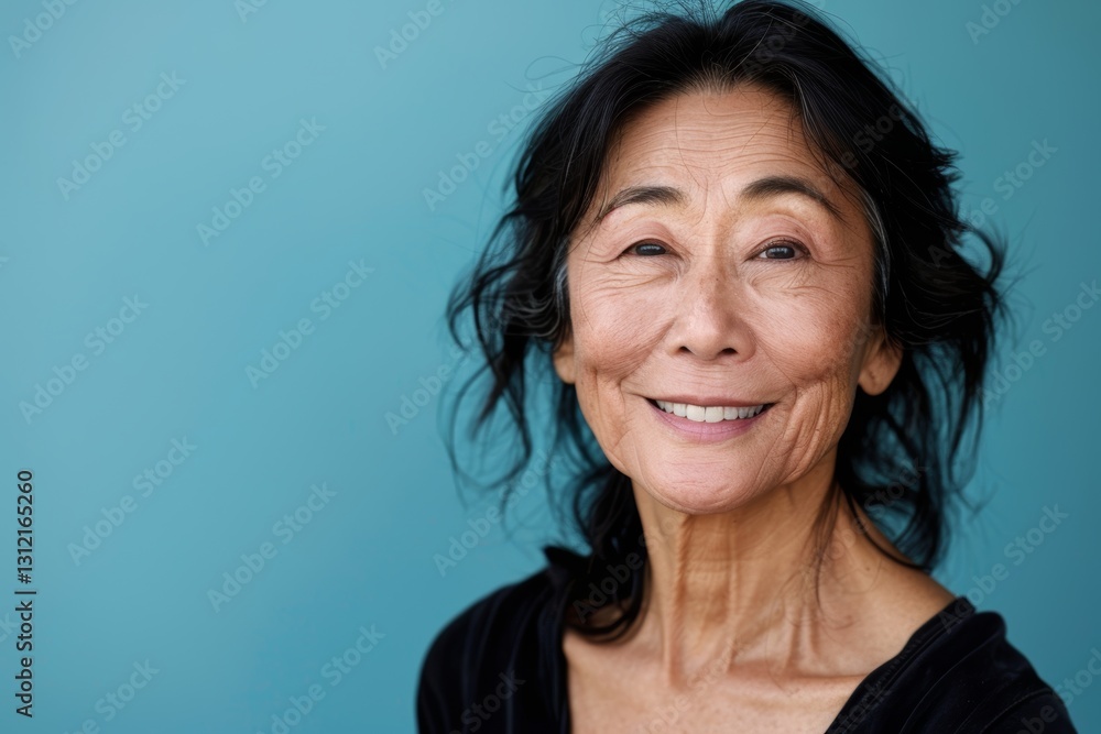 Portrait of a tender asian woman in her 50s smiling at the camera while standing against soft blue background Portrait of a tender asian woman in her 50s smiling at the camera while standing against soft blue background