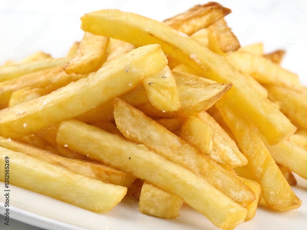 Pile of golden, crispy french fries on a white plate.