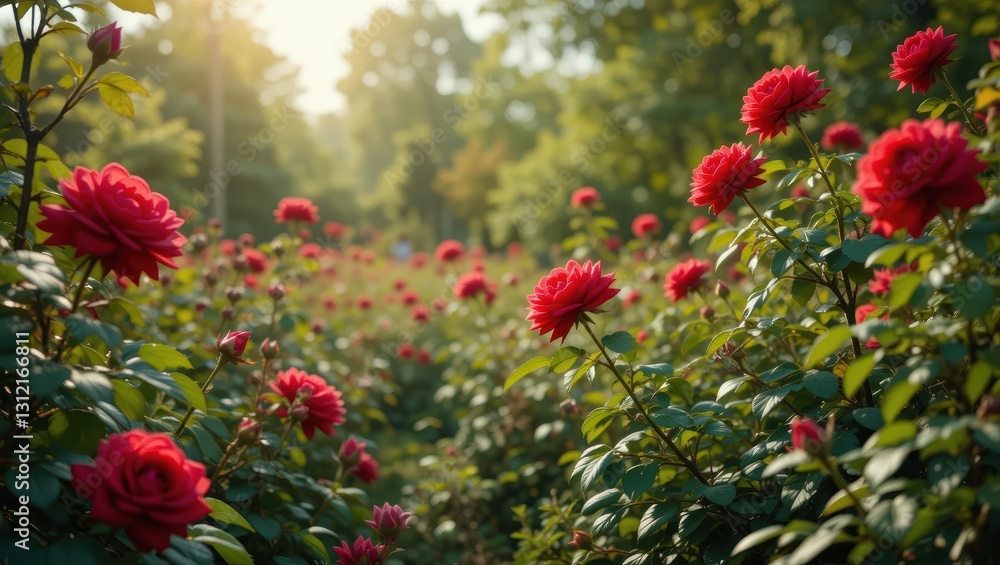 Vibrant Red Roses Blooming in a Lush Garden Surrounded by Sunlit Greenery in Nature Vibrant Red Roses Blooming in a Lush Garden Surrounded by Sunlit Greenery in Nature