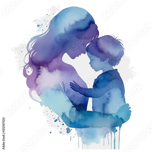 Adorable Vector Illustration of Mother with her Little Son Watercolor Effect, Purple and Blue Watercolor Effect Illustration, Lilac and Purple Mother's Day Illustration