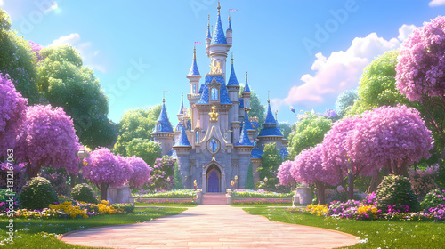 Enchanted Castle Amidst Spring Blossoms