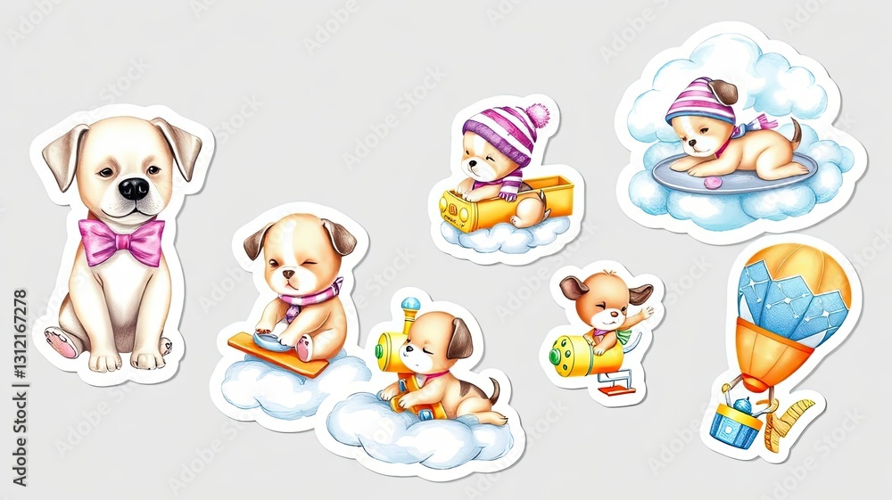 Fototapeta premium Adorable Puppy Stickers Cloud Train Surfboard Hot Air Balloon Designs