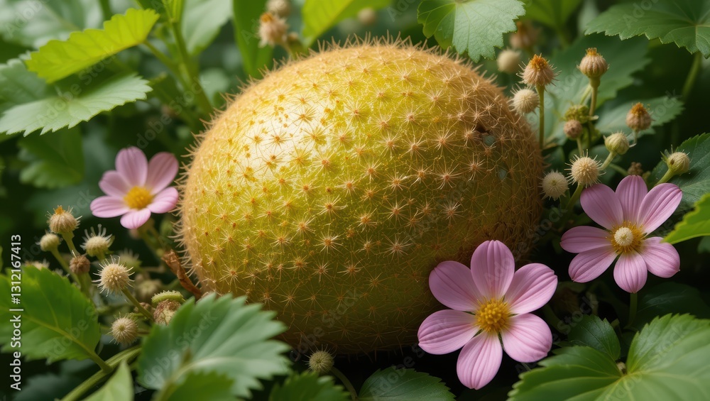 Round Green Fruit Surrounded by Delicate Pink Flowers in a Lush Green Garden Setting Round Green Fruit Surrounded by Delicate Pink Flowers in a Lush Green Garden Setting