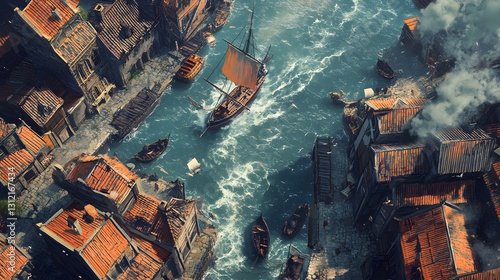 Aerial View of a Medieval Coastal Town with Ships in Turbulent Waters