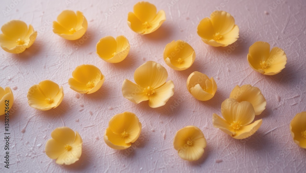 Delicate Yellow Flower Petals Arranged Aesthetically On A Soft Pink Background Delicate Yellow Flower Petals Arranged Aesthetically On A Soft Pink Background