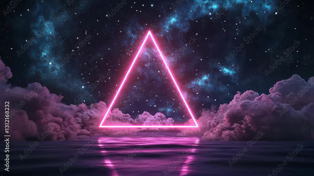 a neon pink triangle glowing against a dark sky filled with stars and clouds, with the triangle reflected in a water-like surface a neon pink triangle glowing against a dark sky filled with stars and clouds, with the triangle reflected in a water-like surface