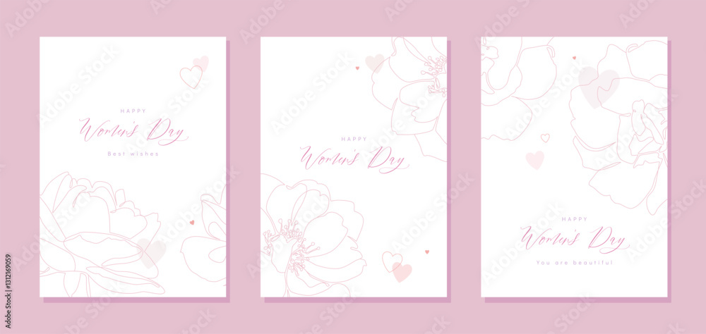 Women's Day elegant greeting card set. Continuous line rose flower illustrations in minimalistic style simple design. Floral vertical template in vector Women's Day elegant greeting card set. Continuous line rose flower illustrations in minimalistic style simple design. Floral vertical template in vector