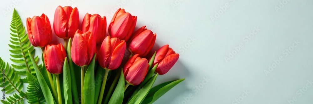 Freshly picked bunch of red tulips and green ferns, fresh, spring Freshly picked bunch of red tulips and green ferns, fresh, spring