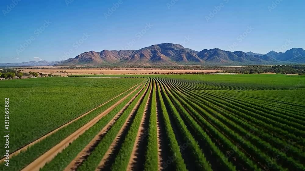 Aerial view of lush green vineyard rows stretching towards distant mountains under clear blue sky Aerial view of lush green vineyard rows stretching towards distant mountains under clear blue sky