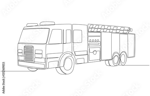 Continuous one line drawing of ladder fire truck, emergency fire fighting services concept, single line art