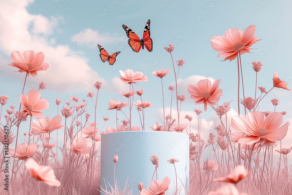Butterflies dancing among pink flowers enchanted garden digital artwork serene atmosphere