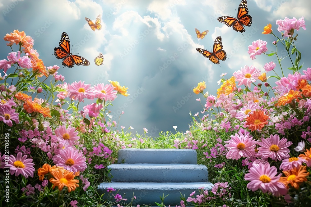 Butterflies and flowers in a serene garden nature landscape bright daylight enchanting view