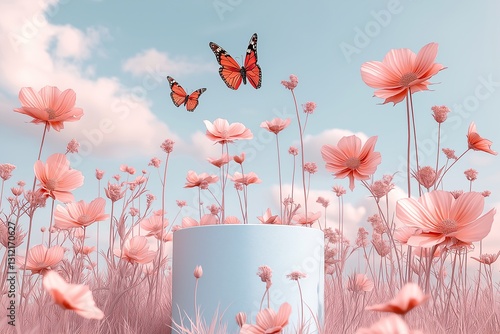 Obraz na płótnie Butterflies dancing among pink flowers enchanted garden digital artwork serene atmosphere w salonie