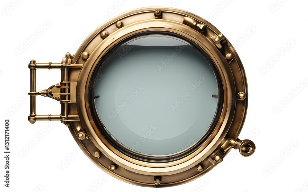 Obraz premium A round ship porthole with brass framing, isolated on a empty plain background