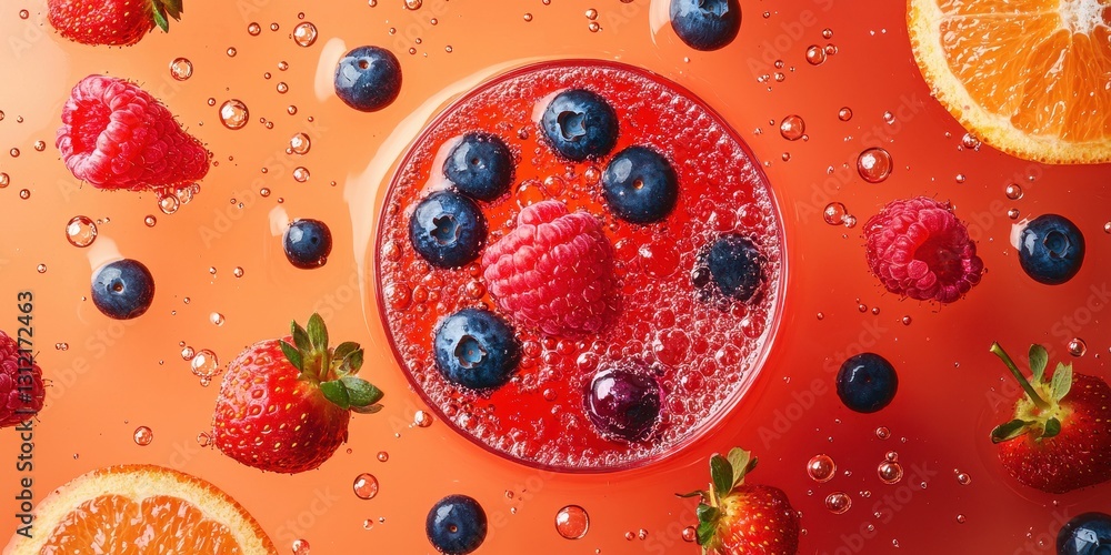 Floating mixed berry juice with raspberries, blueberries, and strawberries on a bold tangerine background Floating mixed berry juice with raspberries, blueberries, and strawberries on a bold tangerine background