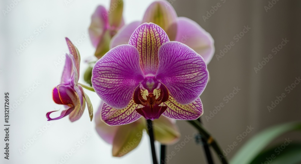 Vibrant pink orchids in bloom with delicate petals and green leaves indoors Vibrant pink orchids in bloom with delicate petals and green leaves indoors