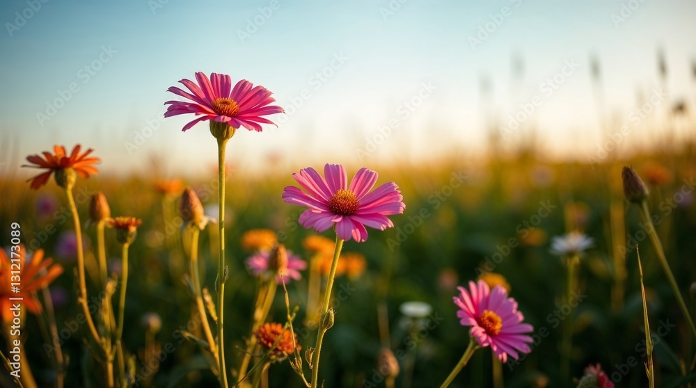 Blooming Paradise: A vibrant field of colorful wildflowers basking in the warm light of the sun, creating a scene of natural beauty and serenity.