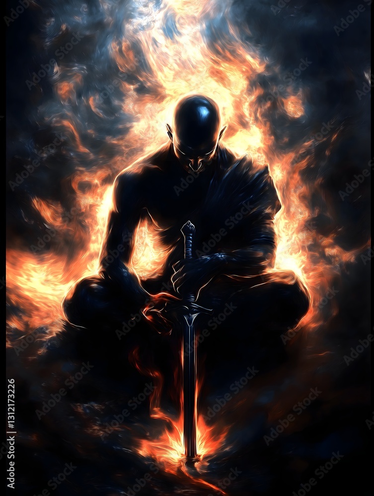 Embers of Contemplation: A lone figure, serene and focused, sits cross-legged amidst a swirling inferno, clutching a gleaming sword, exuding an aura of both vulnerability and resolve. Embers of Contemplation: A lone figure, serene and focused, sits cross-legged amidst a swirling inferno, clutching a gleaming sword, exuding an aura of both vulnerability and resolve.