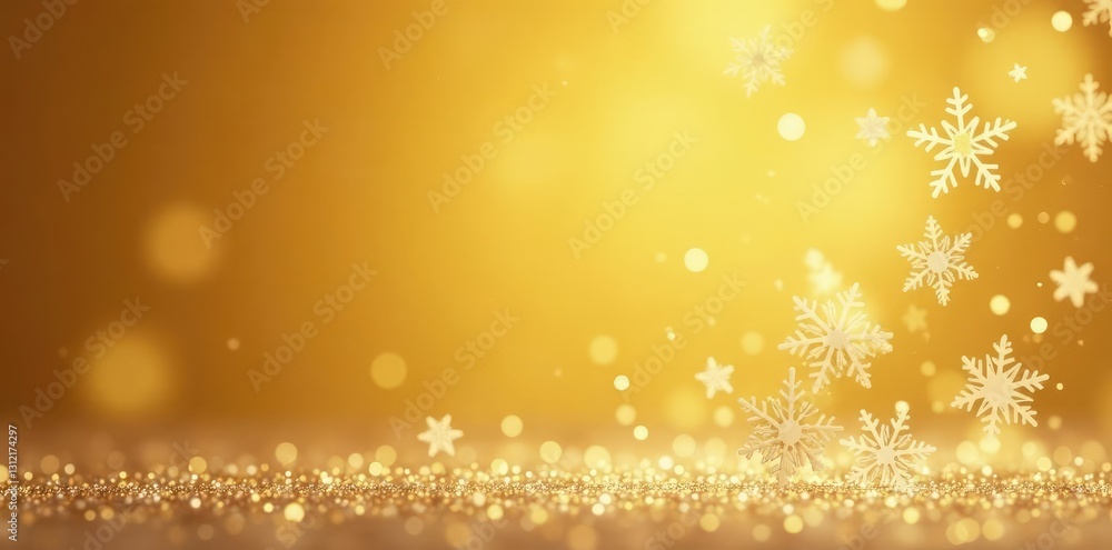 Snowflakes gently falling on a golden background, holiday decor, festive atmosphere Snowflakes gently falling on a golden background, holiday decor, festive atmosphere
