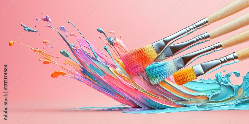 Obraz premium Floating paintbrushes with colorful paint splashes on a soft coral background
