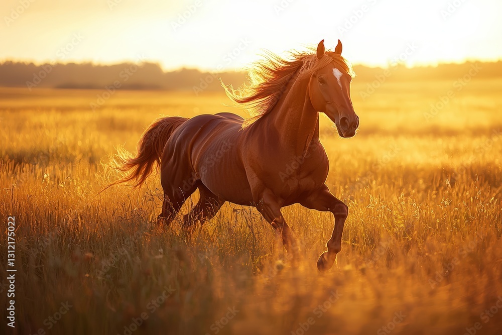 Fototapeta premium Majestic Horse Galloping Through Golden Field at Sunset