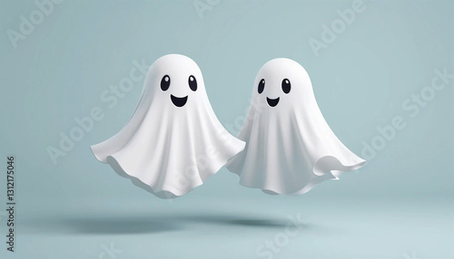 two cute white ghosts flying on pastel background
