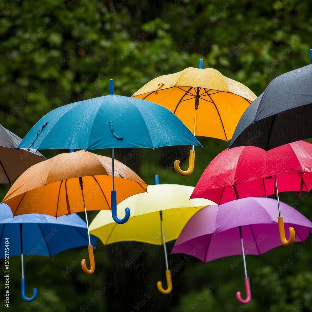 Obraz premium Colorful Umbrellas Floating in the Air on a Rainy Day, Green Background