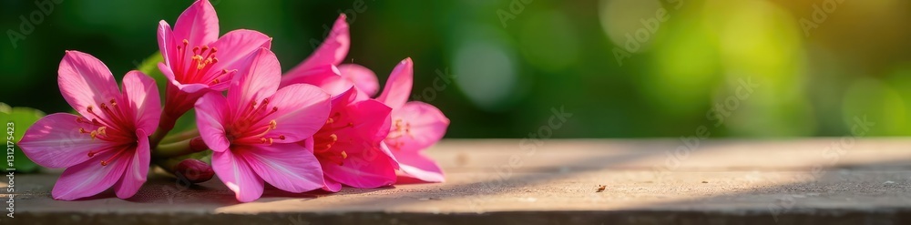 Fototapeta premium Pink Alstroemeria flowers on a wooden table or bench, table, blooms, bench