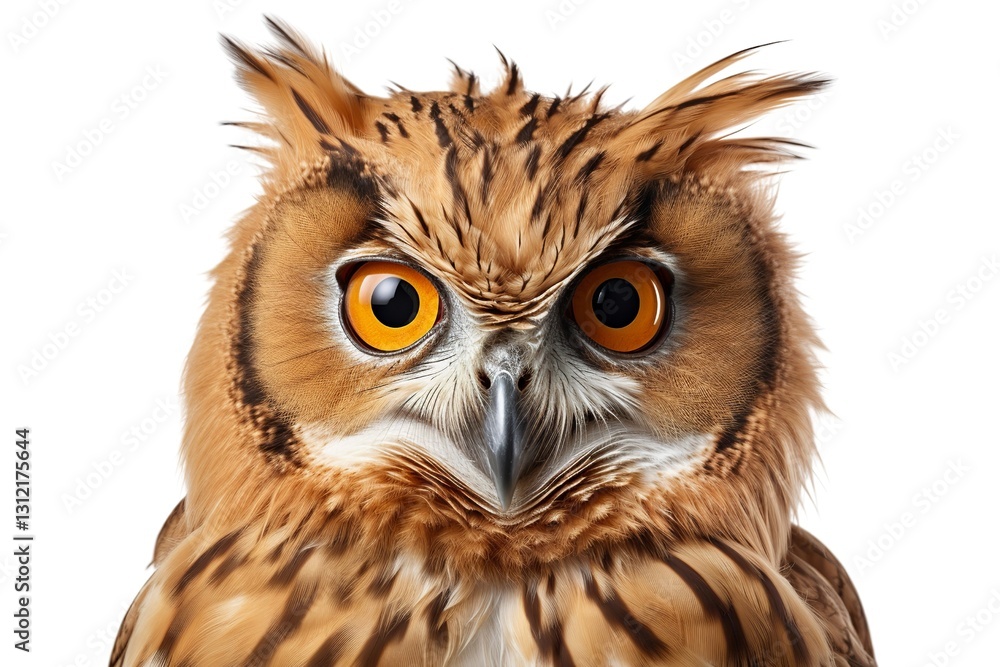 Fototapeta premium Close-up of a majestic owl with striking orange eyes and intricate feather patterns, showcasing wildlife's natural beauty.