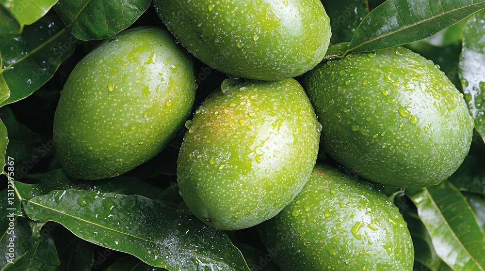 Fresh Green Mangoes with Water Drops on Leaves in a Tropical Garden Setting Fresh Green Mangoes with Water Drops on Leaves in a Tropical Garden Setting