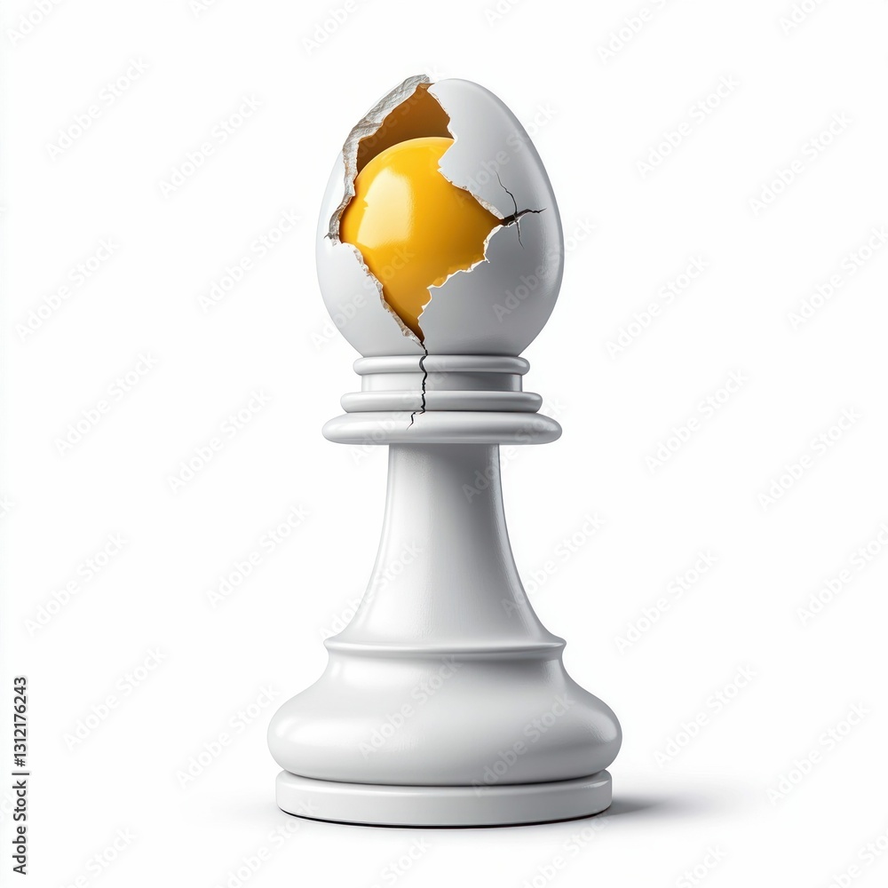 White Chess Pawn with Cracked Egg Yolk Inside Isolated on White Background White Chess Pawn with Cracked Egg Yolk Inside Isolated on White Background