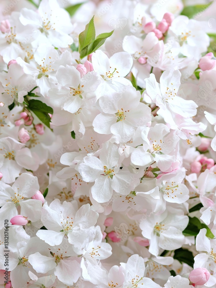 Beautiful white apple blossoms with pink buds in spring bloom closeup Beautiful white apple blossoms with pink buds in spring bloom closeup