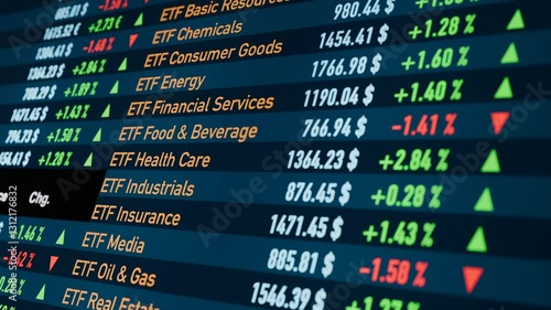 ETF (Exchange Trade Funds) trading sheet,  investment opportunities. Country, commodity, bond and industry sector ETF. Banking, savings, stock market and exchange, growth, strategy. 3D animation