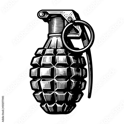 Grenade sketch engraving sketch engraving black and white outline. Scratch board imitation.  illustrated in vintage line art style on a white background.
