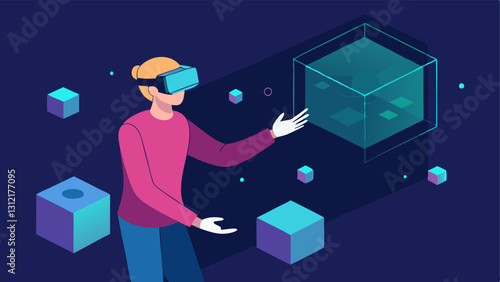 Virtual Reality Unboxing A person wearing virtual reality goggles reaching into a floating holographic box filled with tech gadgets in a futuristic setting.