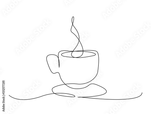 Continuous one line drawing of a cup of hot coffee. A cup of coffee with steam in single line draw illustration. Editable stroke.