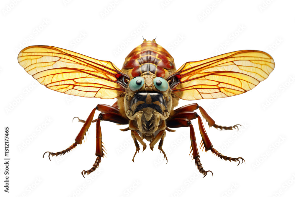 Close-up view of a colorful cicada showcasing intricate wings and vibrant features, set against a clean white background. Close-up view of a colorful cicada showcasing intricate wings and vibrant features, set against a clean white background.