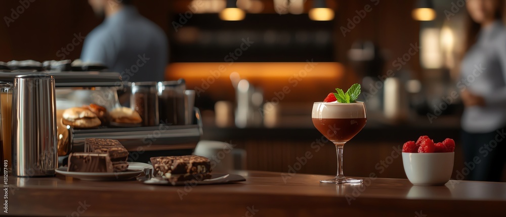 A delectable dessert presentation featuring a gourmet cocktail, fresh raspberries, and a tempting chocolate cake adorning a wooden table in a cozy cafe setting. A delectable dessert presentation featuring a gourmet cocktail, fresh raspberries, and a tempting chocolate cake adorning a wooden table in a cozy cafe setting.