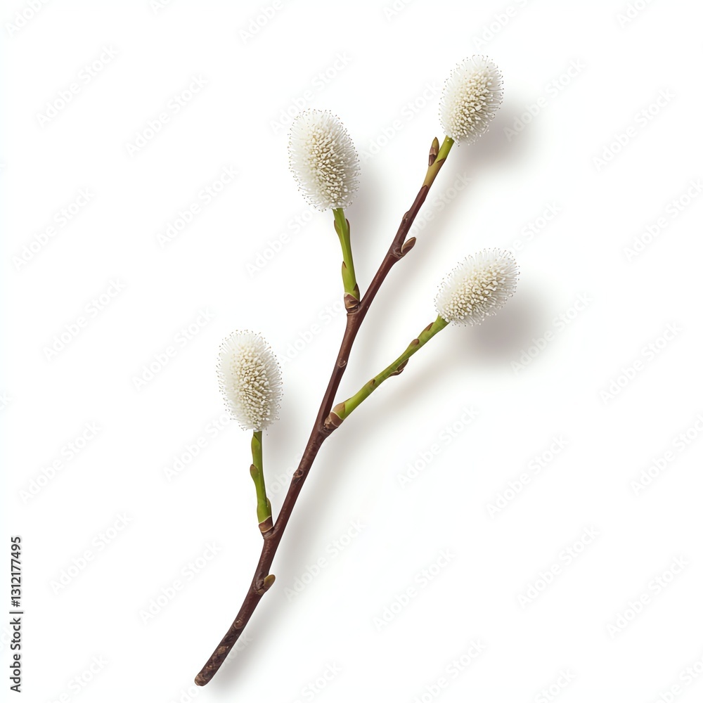 Fototapeta premium A delicate branch featuring fluffy white buds, elegantly presented against a white isolated background, perfect for showcasing nature's beauty.