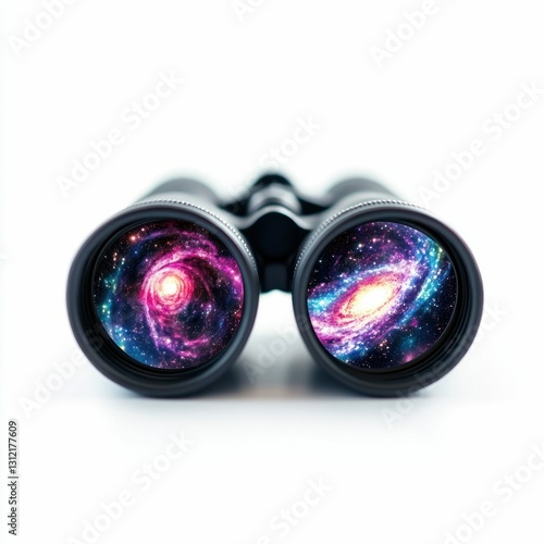Binoculars Reflecting Colorful Galaxies Isolated on White Background