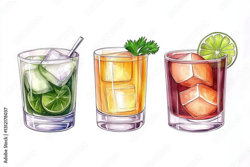 Refreshing cocktails in vibrant glasses with ice and garnishes Refreshing cocktails in vibrant glasses with ice and garnishes