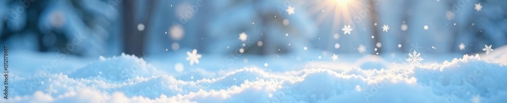 Naklejka premium Snowflakes dance in the air as they fall gently on a snowy white background, icy waters, peaceful moments, Snowfall