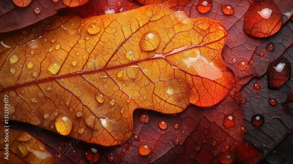 Fototapeta premium Close Up of Red and Orange Autumn Leaves with Water Droplets