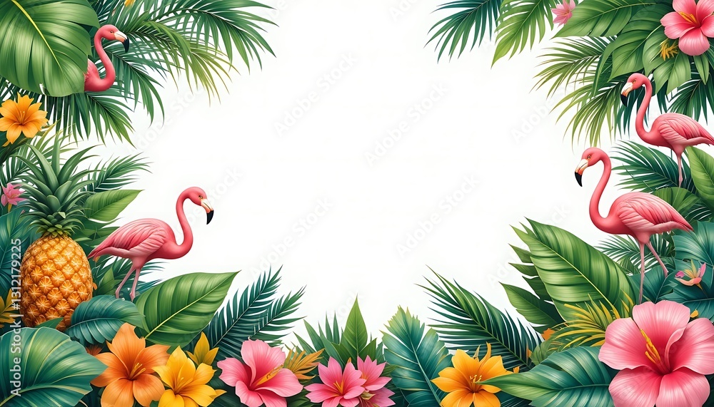 Flamingos and Tropical Foliage Frame with Pineapple for Summer Designs Flamingos and Tropical Foliage Frame with Pineapple for Summer Designs