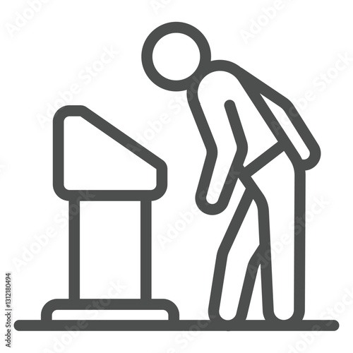 Man with exhibition stand line icon, art and culture concept. Vector graphics. Human looking picture sign on white background, outline style icon for mobile or web design.