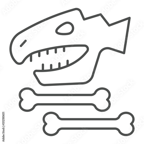 Dinosaur skull and bones thin line icon, dinosaur ancient history concept. Vector graphics. Dino head with bone sign on white background, outline style icon for mobile or web design.