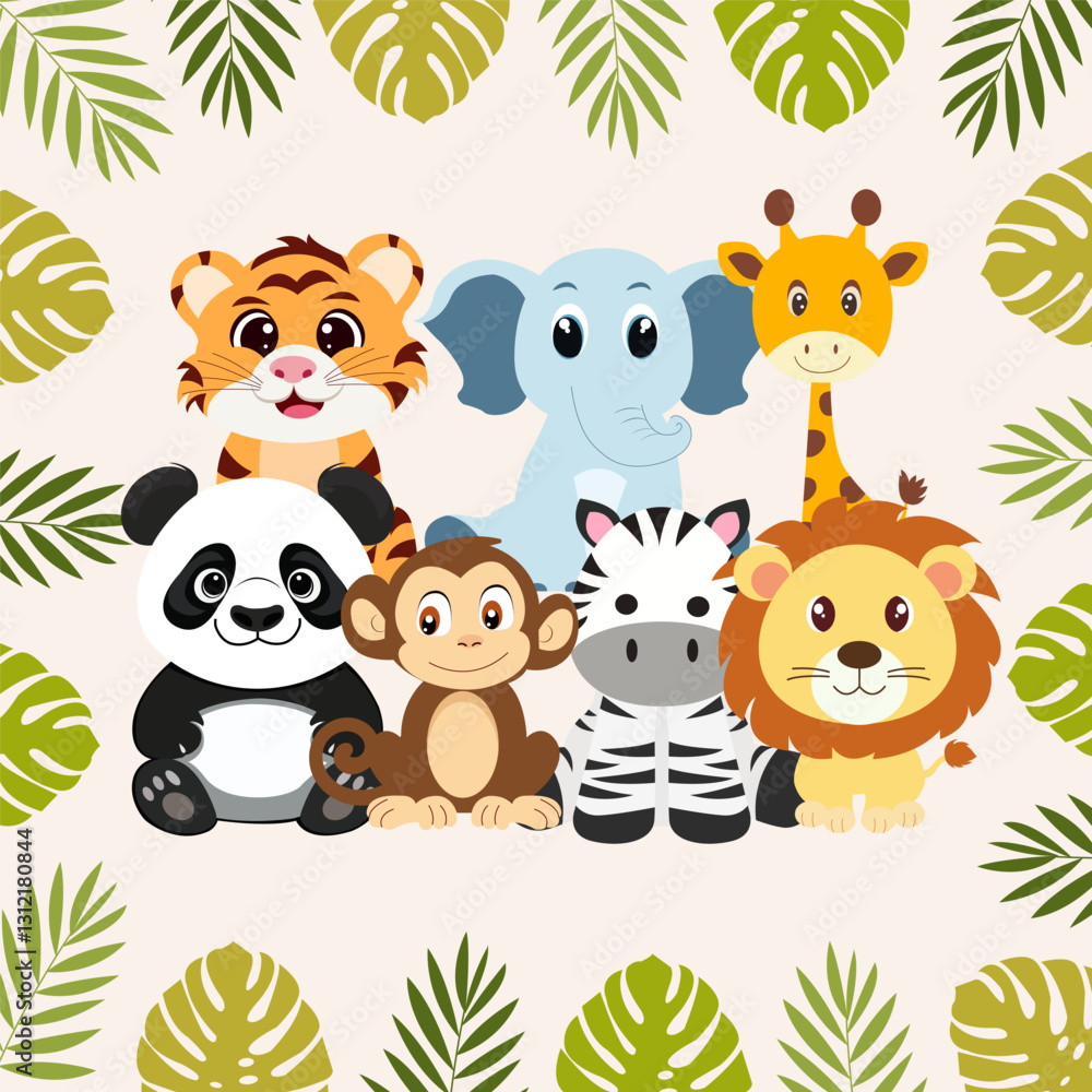 Naklejka premium Set of cartoon animals with leaves 