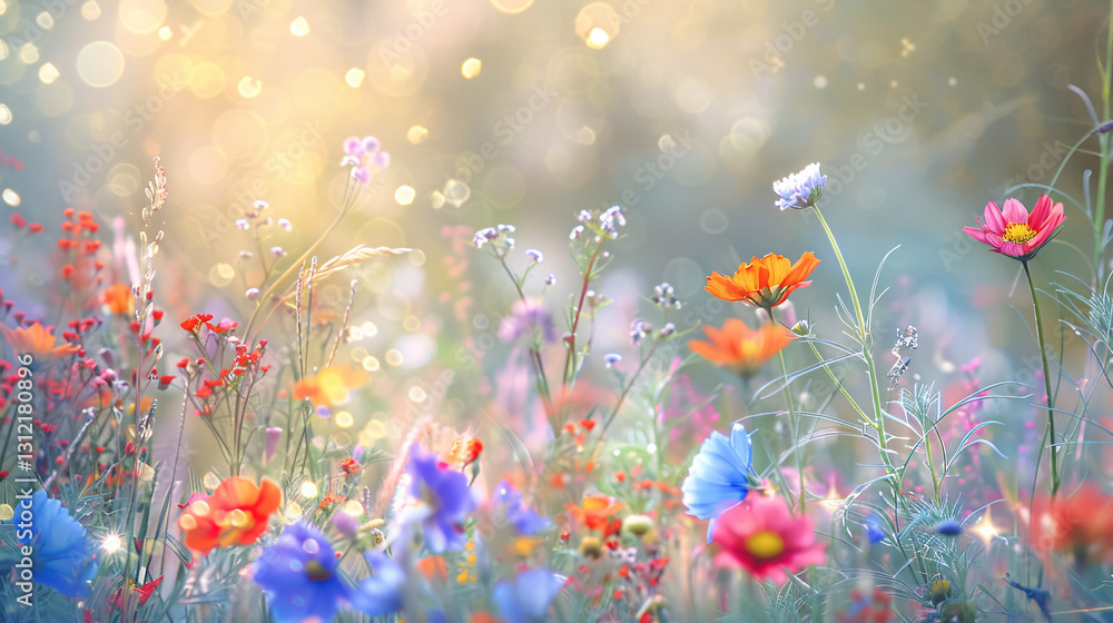 Obraz premium Colorful flower meadow with sunbeams and bokeh lights in summer. A nature background banner with copy space, suitable for a summer greeting card or wildflowers spring concept.