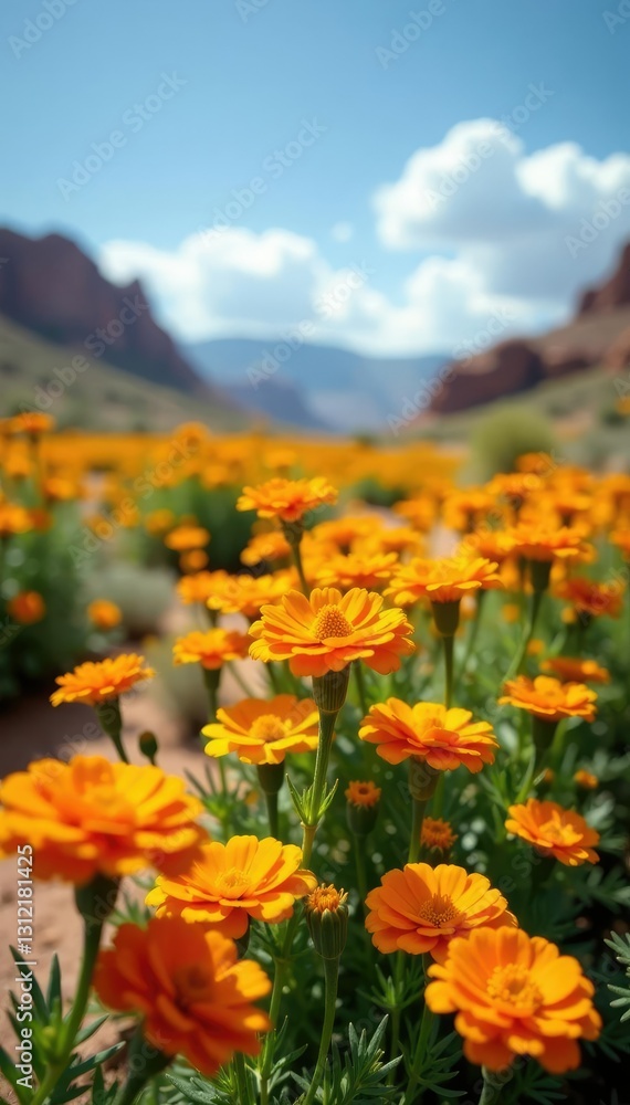 Orange marigolds and yellow daisies bloom freely, desert landscape, flower field, golden blooms Orange marigolds and yellow daisies bloom freely, desert landscape, flower field, golden blooms