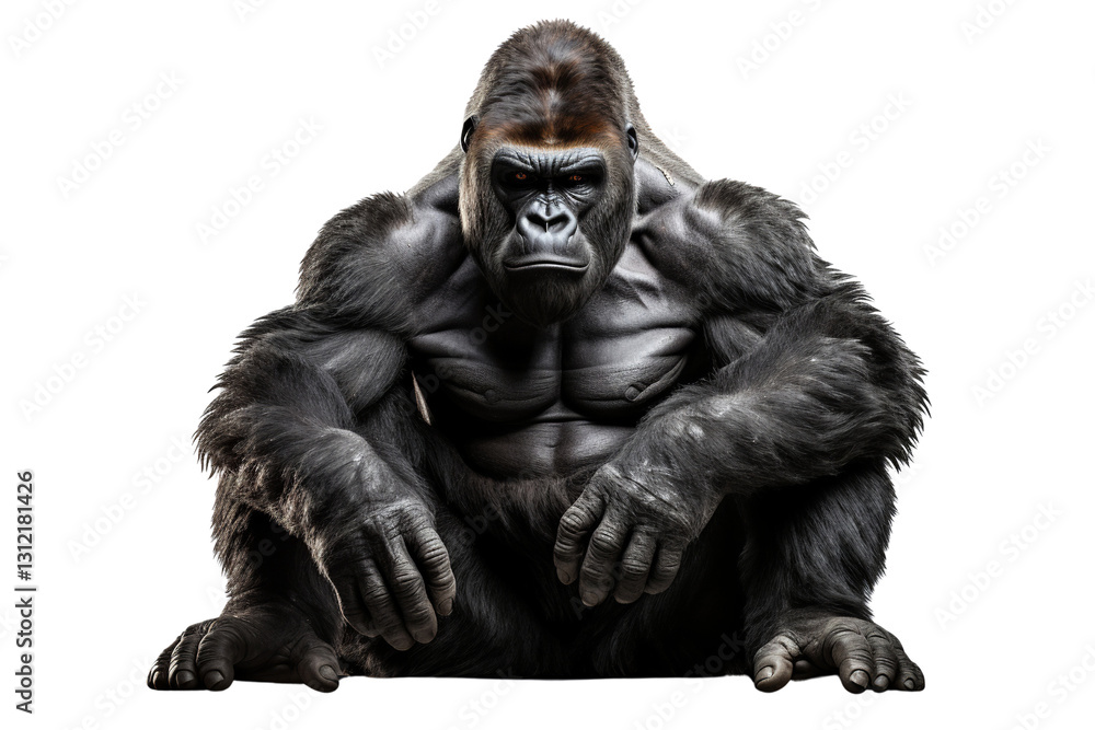 A majestic male gorilla sitting in a serene pose, showcasing its powerful build and expressive gaze against a white background. A majestic male gorilla sitting in a serene pose, showcasing its powerful build and expressive gaze against a white background.